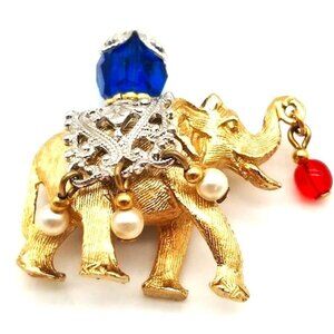 VTG Napier Jewel Elephant Brooch Pearls Signed 10K Gold O/L pre-loved MINT